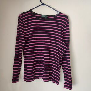 Womens Lauren Ralph Lauren Top Black/Pink Stripe Long Sleeve Cotton Stretch XL